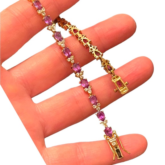 Sterling silver 925 Gold plt DBJ Thai CZ Simulated Amethyst tennis bracelet - Picture 3 of 12